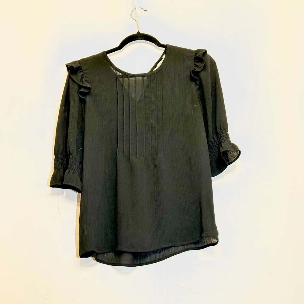 LOFT black Puff Sleeve Blouse with Pleated Ruffles